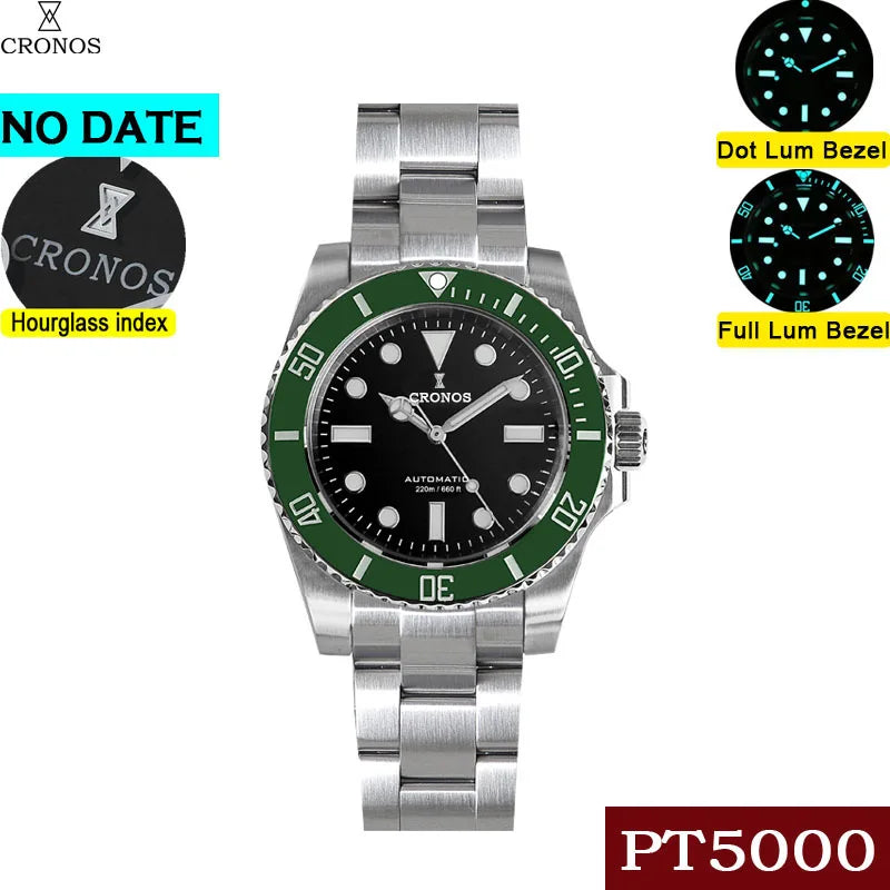 Cronos Sub Diver Men Watch No Date PT5000 Brushed Bracelet Ceramic Bezel 200 meters Water Resistant