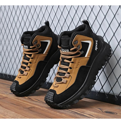 Black And Tan Mid Top Hiking Boots Suede And Leather Platform Sneakers Non Slip Outdoor Casual Shoes With Rugged Sole For All