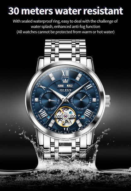 OLEVS Men's Watches Skeketon Flywheel Automatic Mechanical Original Wristwatch for Man Waterproof Luminous Perpetual Calendar