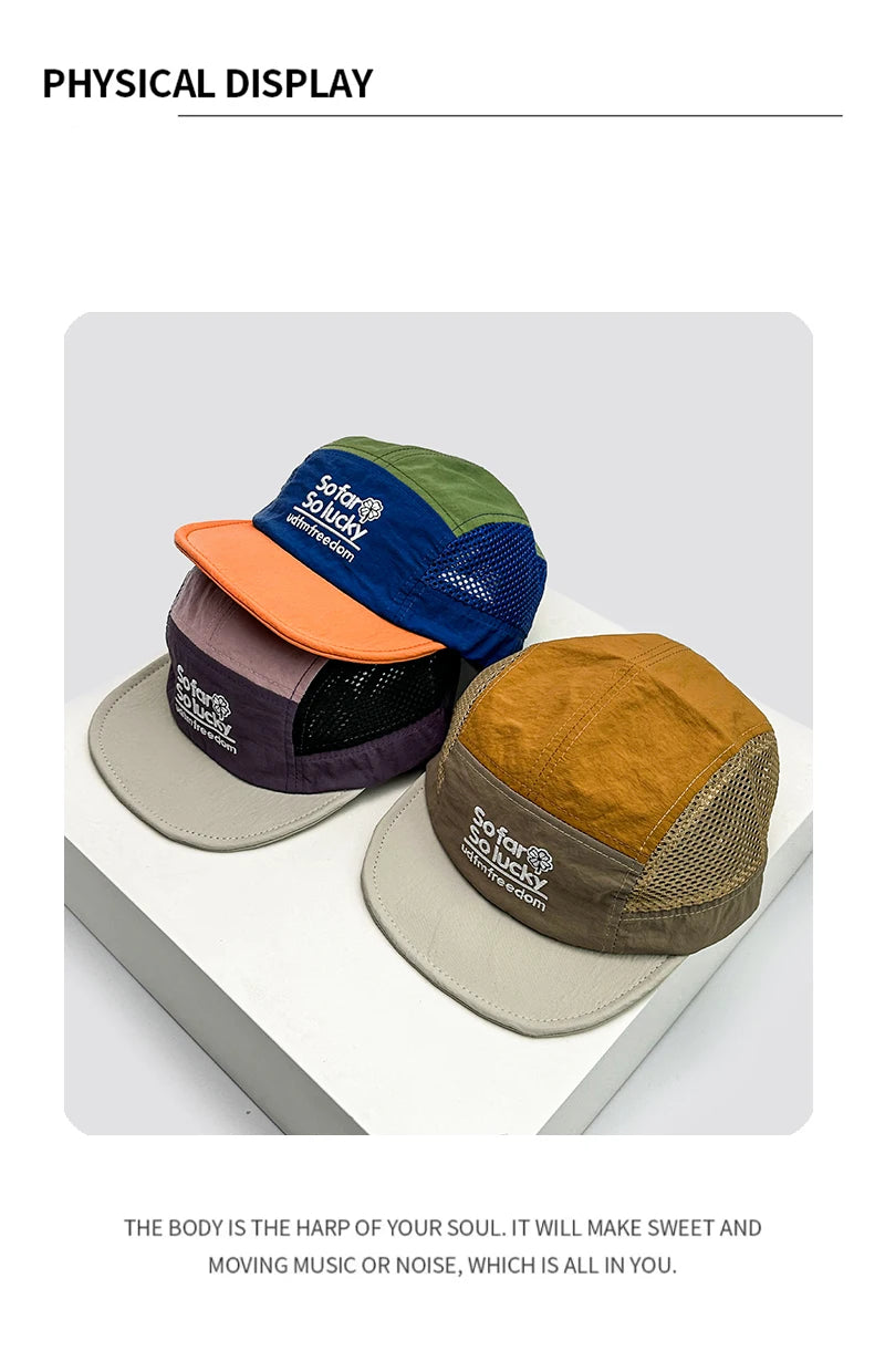 Unisexowe czapki baseballowe z płaskim daszkiem i haftowanymi literami, przewiewne koreańskie czapki z daszkiem chroniące przed słońcem, szybkoschnące czapki z daszkiem, niszowe, wszechstronne