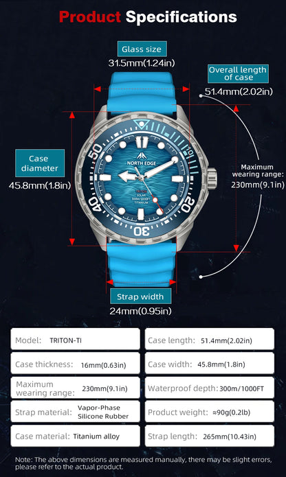 NORTH EDGE NEW+ TRITON-TI titán napelemes búváróra, luxus kvarc karóra férfiaknak, 300 m vízállóság, 180+ napos üzemidő