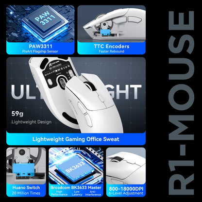 ATTACK SHARK R1 tri-mode gamingmus, PixArt PAW3311-sensor, 18000 DPI, 1000hz, 59g ultralet til store hænder, til PC/Mac