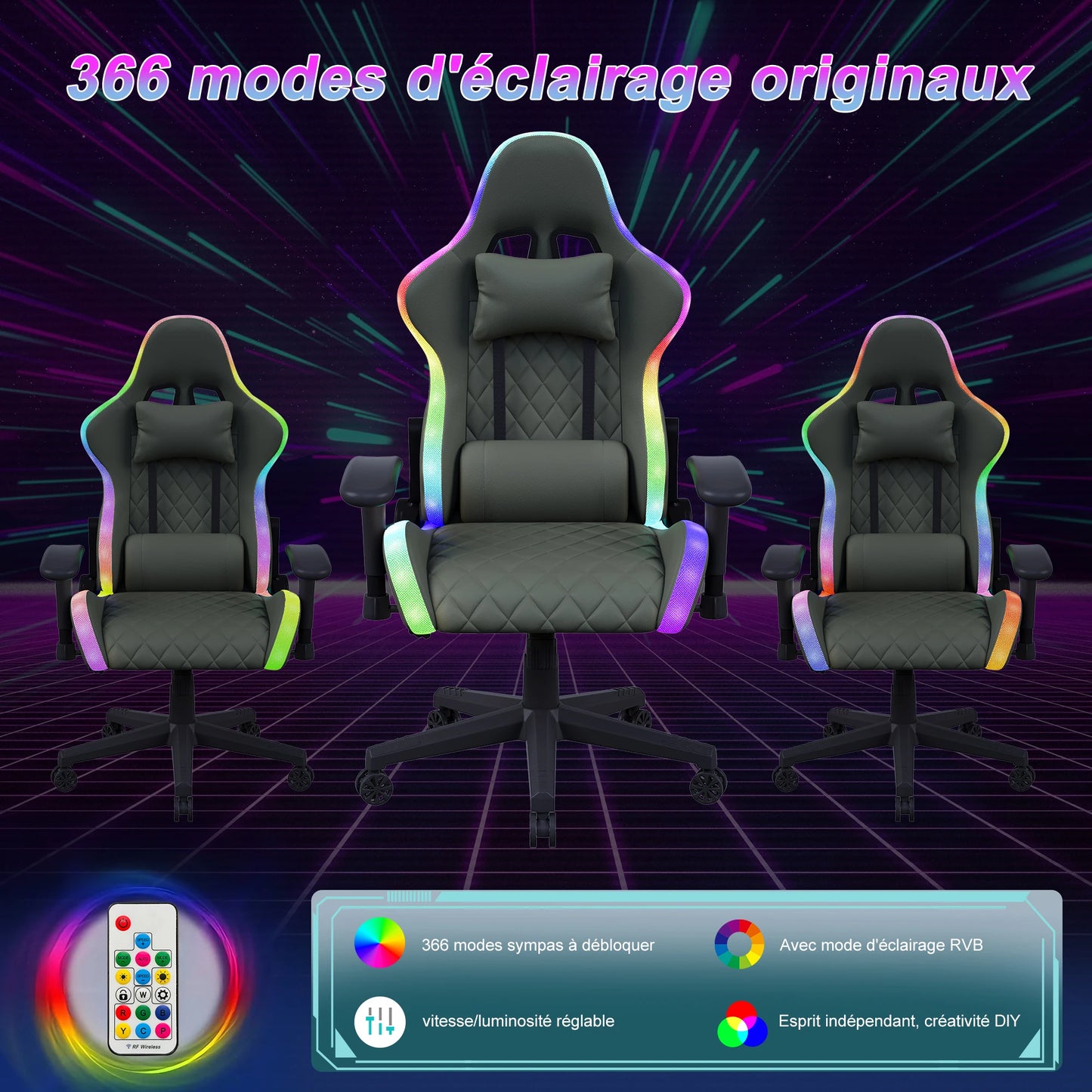 Gaming Chair with Massage Function, Adjustable backrest,Computer Chair,with ambient light,Lumbar Cushion, Pillow,150 KG