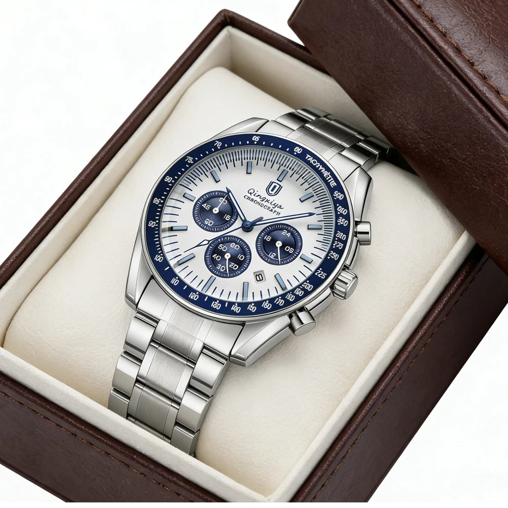 Montre à quartz pour homme, de marque de luxe, étanche et luminescente, en acier inoxydable, dotée d'un chronographe 24 heures et d'un affichage de la date – Montre élégante pour homme
