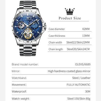 OLEVS Men’s Flywheel Skeleton Automatic Watch Starry Sky Dial, Luminous Mechanical Movement & Waterproof Business Wristwatch