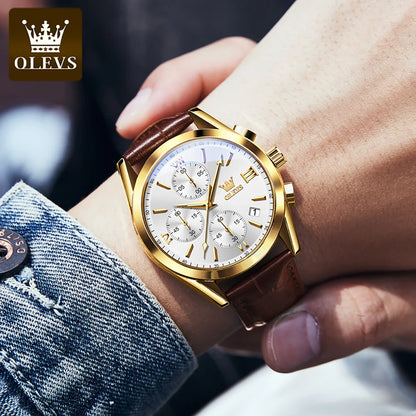 Relógio de pulso cronógrafo para homem OLEVS 2872 – Pulseira em pele, resistente à água, ponteiros luminescentes, movimento de quartzo, estilo desportivo de luxo
