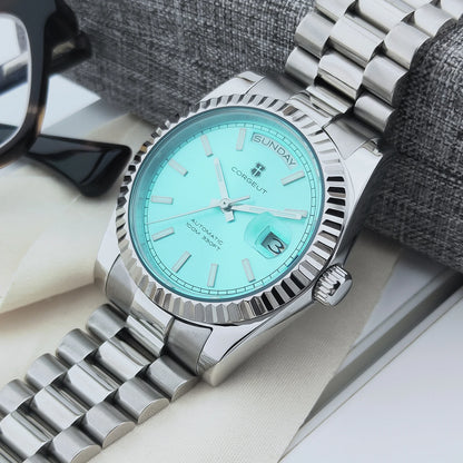 Reloj mecánico CORGEUT NH36 para hombre con indicador de día y fecha, brazalete President, caja de acero, bisel arqueado roscado, waterp