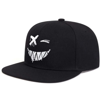 Wide-Brim Baseball Cap 100% Cotton, UV Protection Adjustable with Grin Embroidery & Face Slimming Design