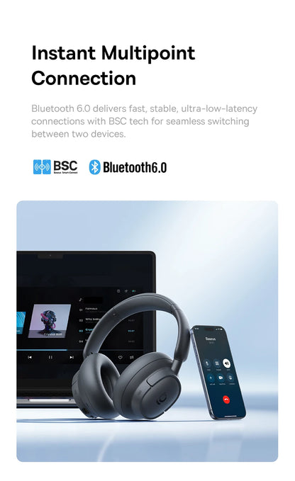 Baseus Bass EH10 NC Wireless Headphones Bluetooth 6.0 Noise Canceling 45dB Over Ear Headset Spatial Audio Earphone 80H Time