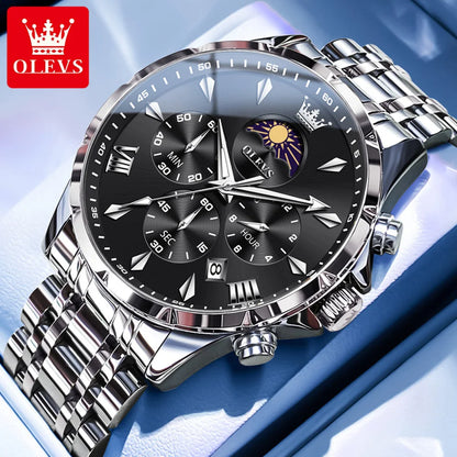 OLEVS 3653 Men’s Quartz Chronograph Watch  Moon Phase, Luminous, Date Display, Stainless Steel & 30M Waterproof