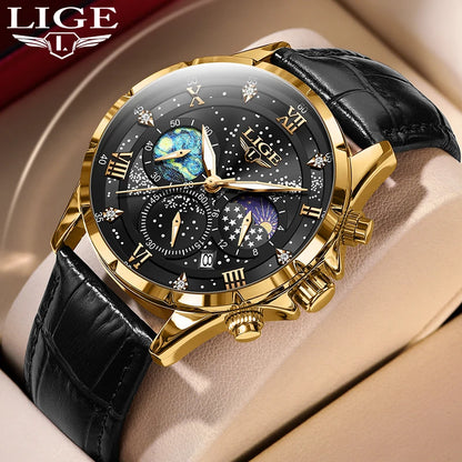Montre pour homme LIGE – Montre à quartz de luxe, style décontracté, bracelet en cuir, idéale pour le travail ou le sport, étanche, avec date et chronographe.