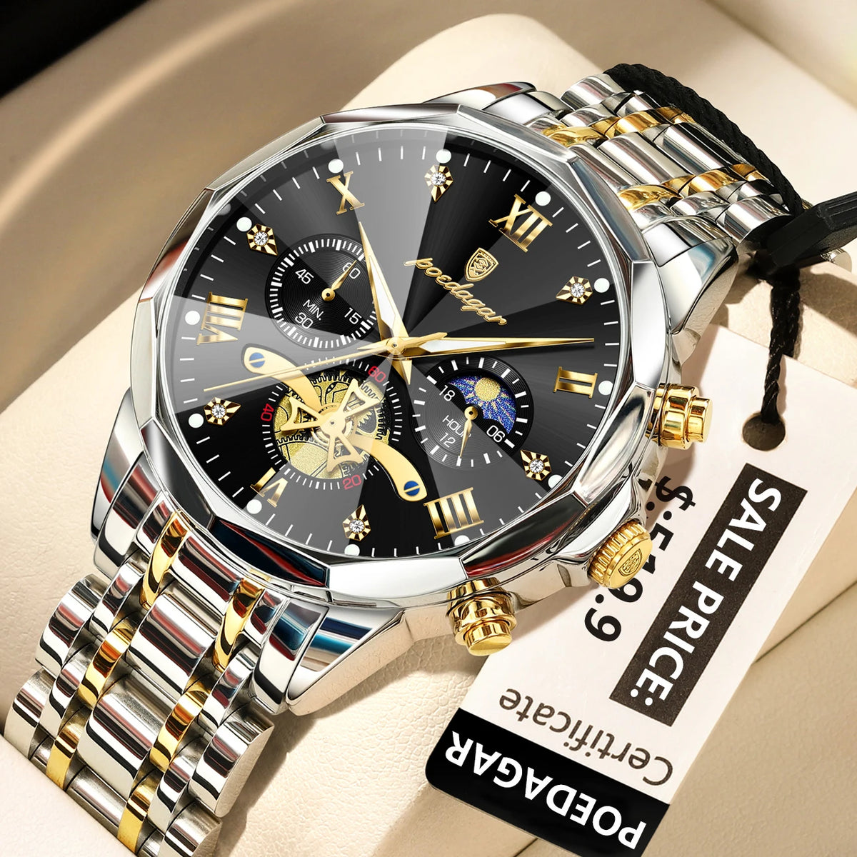 Montre homme de luxe POEDAGAR, chronographe lumineux étanche, en acier inoxydable, à quartz.