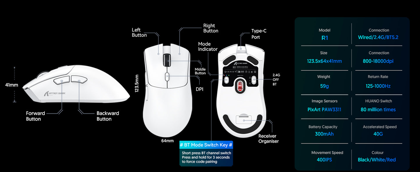 ATTACK SHARK R1 59g SUPERLIGHT Mouse, PixArt PAW3311 Gaming Sensor,  6 Adjustable DPI up to 18000, 65 Hrs Battery, G502